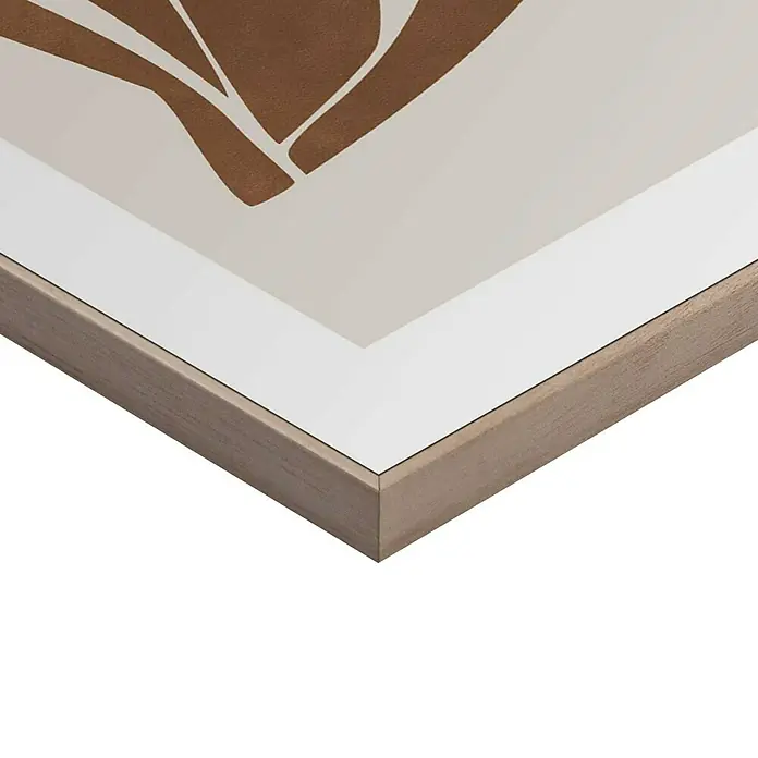 Reinders Bild Slim Frame WoodBody Lines, B x H: 20 x 30 cm - Nahaufnahme eines gerahmten Kunstwerks mit abstrakten braunen Formen auf beigem Grund, das die schlichte Eleganz des Rahmendesigns hervorhebt.