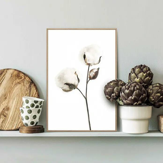 Reinders Bild Slim Frame Wood - Dots of Cotton, B x H: 20 x 30 cm - Ein bezauberndes Baumwollblüten-Wandbild in einem hellen Holzrahmen, das jedem Raum natürliche Eleganz verleiht. Perfekt als dekoratives Element.