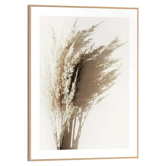 Reinders Bild Slim Frame Wood - Sunny Grass Bouquet, B x H: 30 x 40 cm - Ein gerahmtes Kunstwerk mit zarten Trockenblumen, die einen sanften Schatten auf einen cremefarbenen Hintergrund werfen. Das Bild strahlt Ruhe und Natürlichkeit aus.