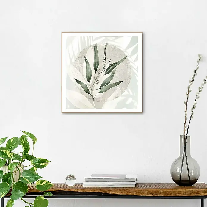 Reinders Bild Slim Frame Wood - Illustrated Leafs, B x H: 50 x 50 cm - Wandbild mit Eukalyptusmotiv in einem modernen Rahmen, das eine beruhigende und natürliche Atmosphäre schafft. Elegante Dekoration für jedes Zuhause.