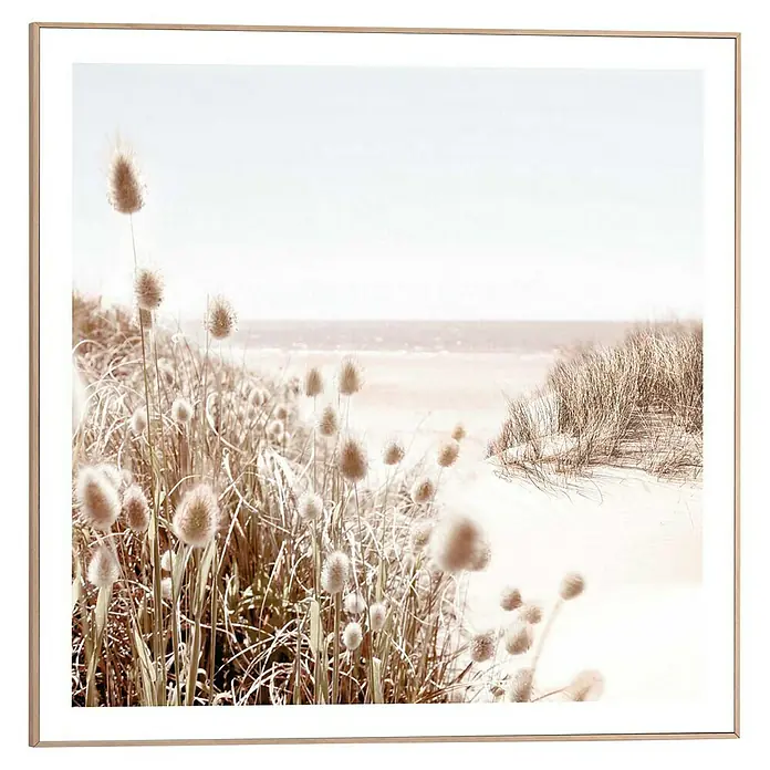 Reinders Bild Slim Frame Wood - Dune Beach, B x H: 50 x 50 cm - Gerahmtes Wandbild mit strandnaher Vegetation in sanften Farben, ideal für eine beruhigende Atmosphäre im Raum.