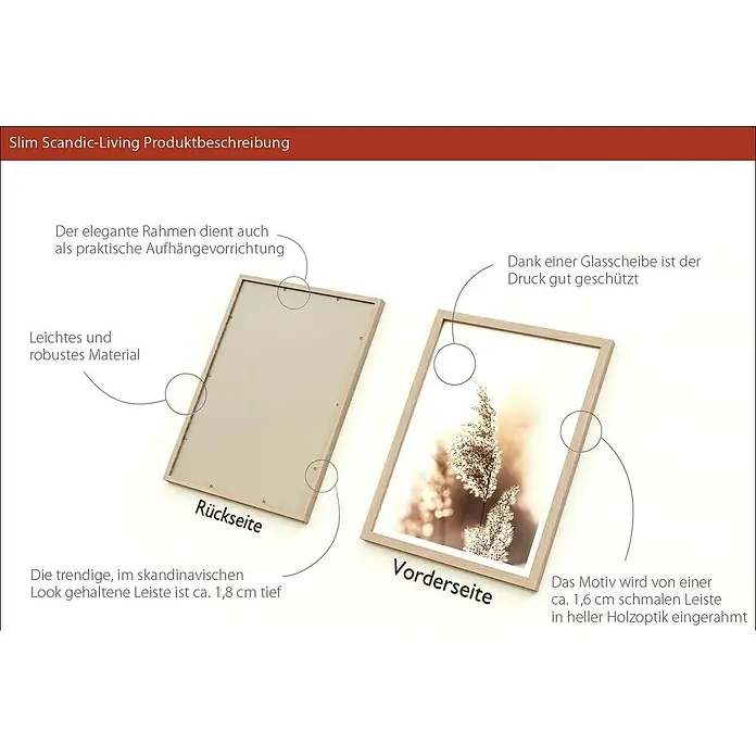 ProArt Bild Slim Scandic - Dried Fiber, B x H: 33 x 43 cm - Produktbeschreibung eines Slim Scandic-Living Bilderrahmens, der sich durch sein leichtes Material und die praktische Aufhängevorrichtung auszeichnet.