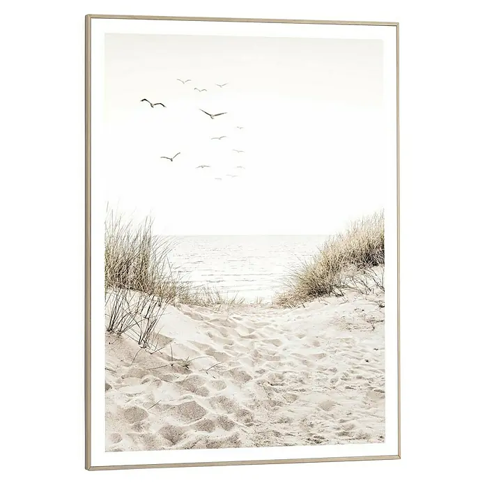 Reinders Bild Slim Frame Wood - Dunepath, B x H: 50 x 70 cm - Strandimpression im Bilderrahmen: Dieses Bild zeigt einen Sandstrand mit Dünengras und fliegenden Möwen, gerahmt in einem eleganten Rahmen.