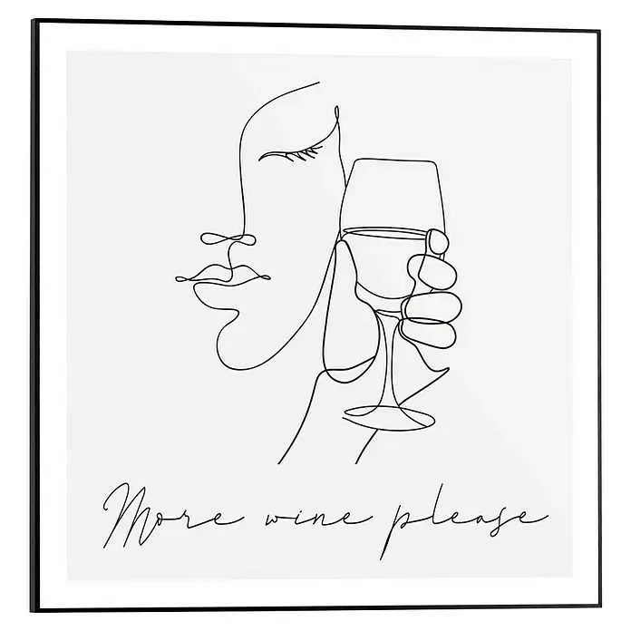 Reinders Bild Slim Frame BlackMore Wine Please, B x H: 50 x 50 cm - Kunstdruck mit einer One-Line-Zeichnung einer Frau mit Weinglas und der Aufschrift „More wine please“ in Schwarz auf Weiß, gerahmt.