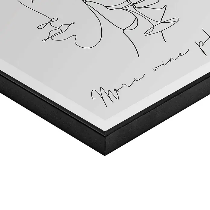 Reinders Bild Slim Frame Black - More Wine Please, B x H: 50 x 50 cm - Nahaufnahme eines gerahmten Bildes mit einer minimalistischen Zeichnung und dem Schriftzug "More wine please". Der schlichte Rahmen betont das moderne Design.
