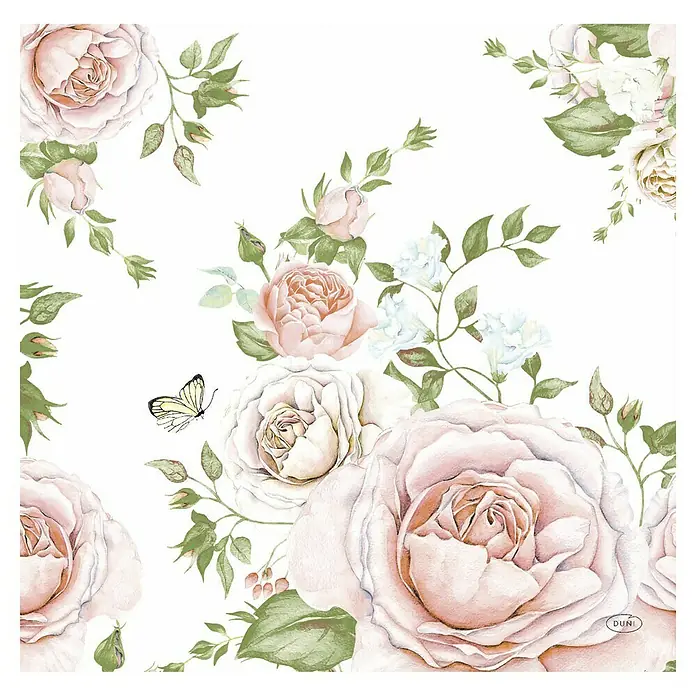 Duni Serviette Dunisoft® - 12 Stk., 40 x 40 cm, Rose Glory - Dekorative Serviette mit Rosenmuster für besondere Anlässe und stilvolle Tischdekorationen. Romantisches Design mit zarten Blüten und verspieltem Schmetterling.