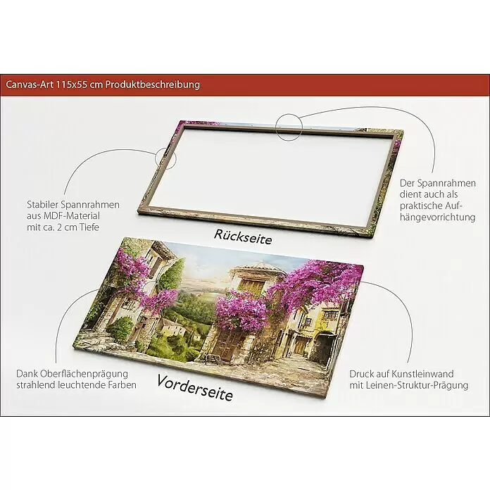 ProArt Leinwandbild - Colourful Toscana, B x H: 115 x 55 cm - Leinwandbild (115x55 cm) mit lebendiger, Leinen-strukturierter Vorderseite und 2 cm tiefem MDF-Spannrahmen, der auch als Aufhängevorrichtung dient.
