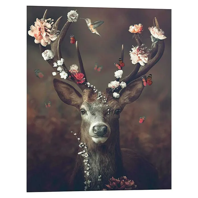 Reinders Decopanel - Fauna Flora Deer, B x H: 40 x 50 cm - Hirsch mit Geweih, geschmückt mit Blumen und Schmetterlingen, im Wald, mit einem Kolibri, der das ästhetische Design dieses Produkts hervorhebt.