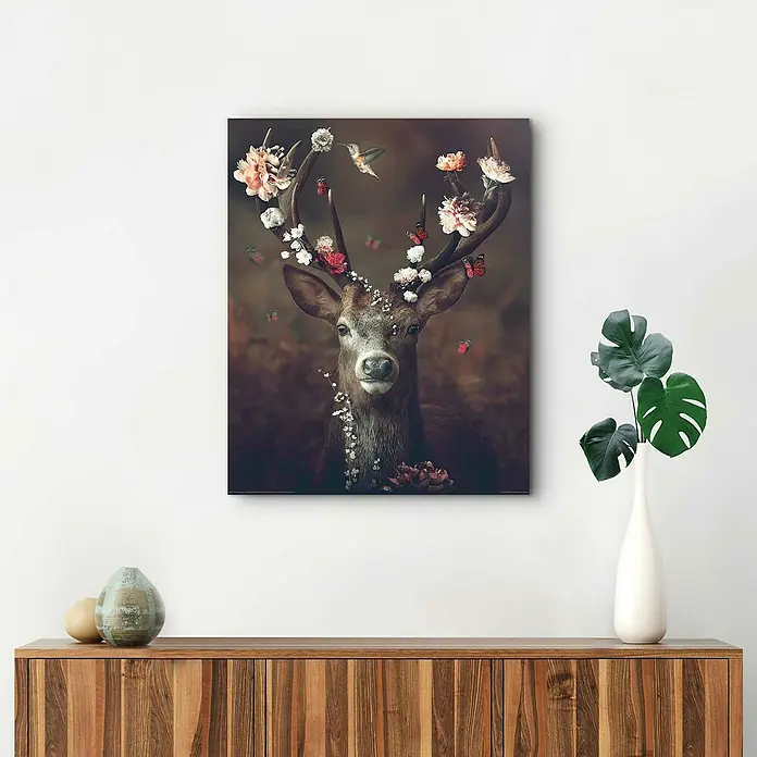 Reinders Decopanel - Fauna Flora Deer, B x H: 40 x 50 cm - Wandkunst mit einem Hirsch, geschmückt mit Blumen und Schmetterlingen, bringt Natur ins Haus. Elegantes Design für eine stilvolle Dekoration.