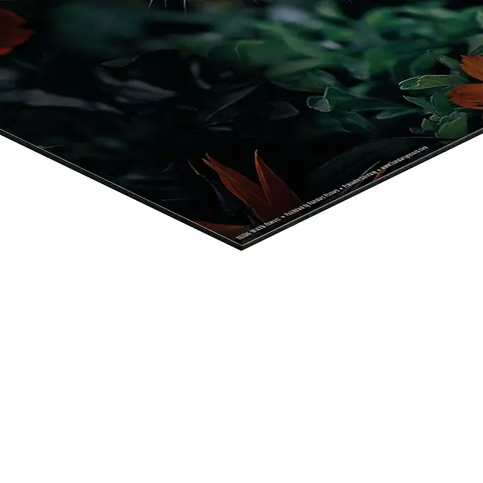 Reinders Decopanel - Wildlife Flowers, B x H: 40 x 50 cm - Nahaufnahme eines Wandbildes mit floralen Motiven und dunklen Farben, das eine elegante und moderne Ästhetik ausstrahlt.