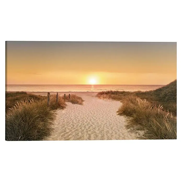 Reinders Holzbild Deco Block - Beachpath Sunset, B x H: 118 x 70 cm - Dünenlandschaft bei Sonnenuntergang. Der sandige Weg führt zum Strand und Meer unter einem warmen, goldenen Himmel.