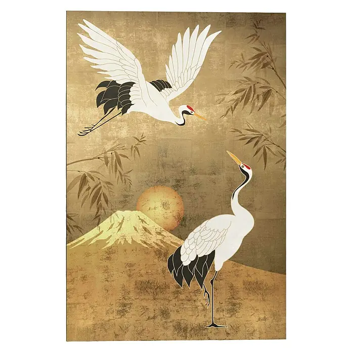 Reinders Decopanel - Japanese Cranebirds, B x H: 60 x 90 cm - Japanische Kunst mit Kranichen, Berg und Sonne auf goldenem Hintergrund. Elegante Darstellung traditioneller Motive.