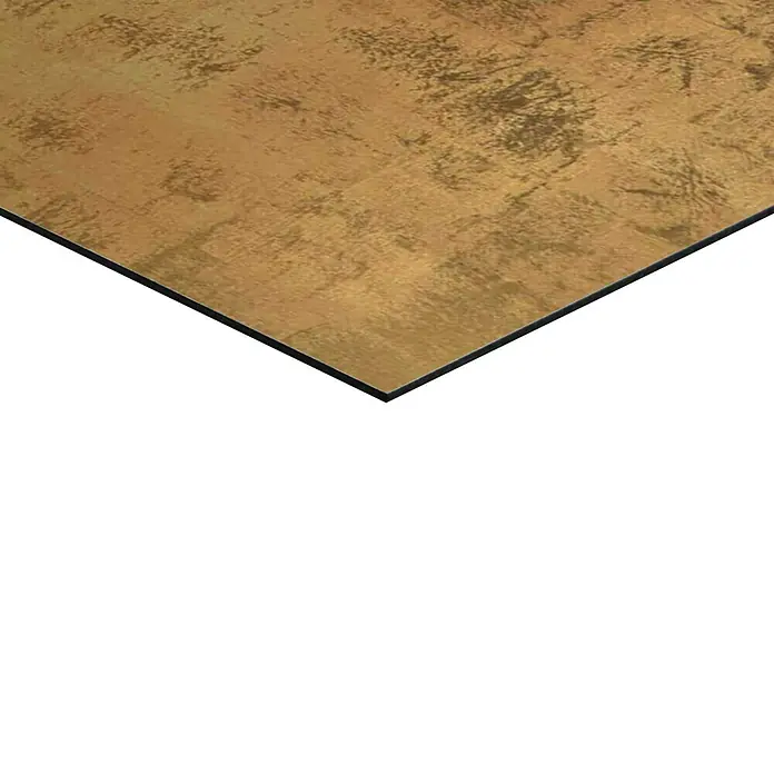 Reinders Decopanel - Japanese Cranebirds, B x H: 60 x 90 cm - Nahaufnahme einer goldfarbenen Metallplatte mit schwarzem Rand, die eine rustikale Textur aufweist.