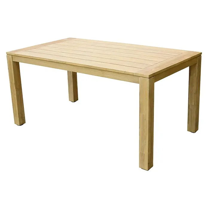 Sunfun Laura Gartentisch - L x B x H: 160 x 90 x 76 cm, Akazie, Rechteckig, Braun - Das Bild zeigt einen rechteckigen Holztisch mit einer Tischplatte aus mehreren Latten und vier stabilen Beinen. Der Tisch hat eine natürliche Holzfarbe.