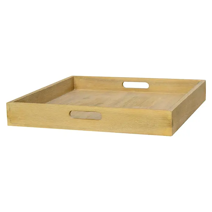 Sunfun Laura Tablett - 60 x 60 x 7 cm, Holz, Helles Teakholz - Ein rechteckiges Holztablett mit Griffen, das eine rustikale und natürliche Ästhetik für den stilvollen Transport von Gegenständen bietet.