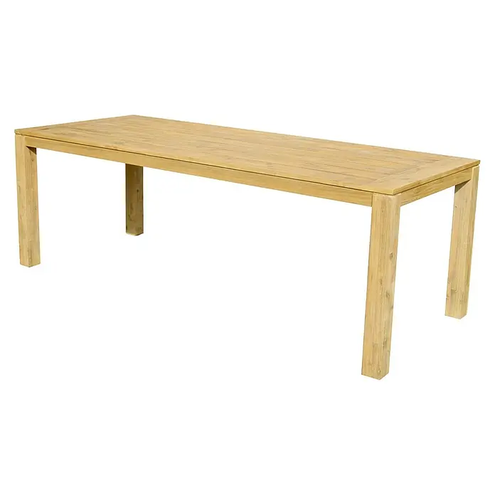 Sunfun Gartenmöbel-Set Laura/Maja - 7 -tlg., Akazie, Seilgeflecht, Naturbraun/Grau-Beige - Ein rechteckiger Holztisch mit massivem Gestell. Die Tischplatte besteht aus einzelnen Holzleisten und hat eine warme, natürliche Farbe.