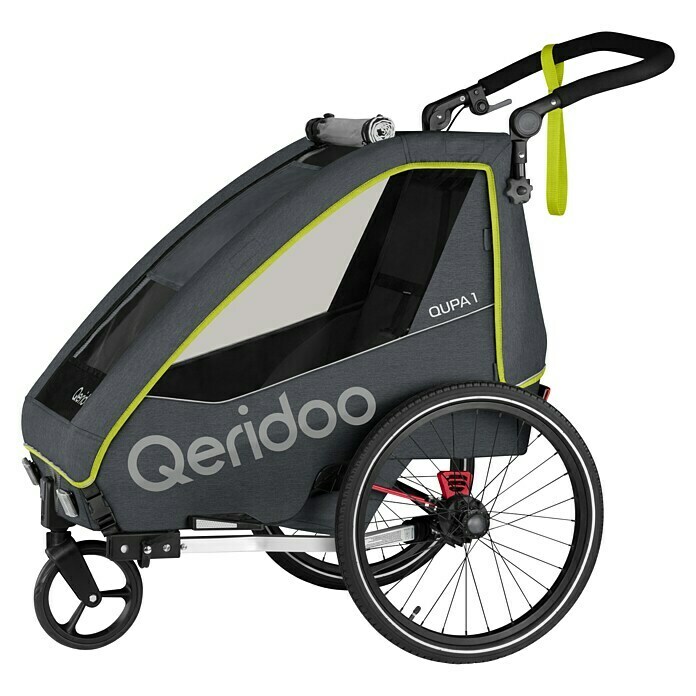 Qeridoo Kinderfahrradanhänger Qupa 1Einsitzer, Lime, Geeignet für: Kinder mit max. 116 cm Körpergröße Diagonal View