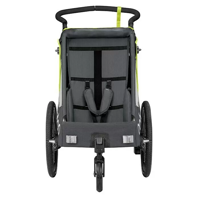Qeridoo Kinderfahrradanhänger Qupa 1 - Einsitzer, Lime - Grauer und limettengrüner Kinderwagen mit schwarzem Lenker und Rädern, mit internem Sicherheitsgurt.