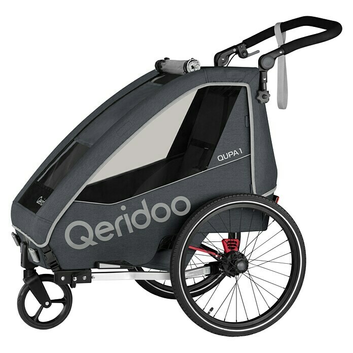 Qeridoo Kinderfahrradanhänger Qupa 1Einsitzer, Grey, Geeignet für: Kinder mit max. 116 cm Körpergröße Diagonal View