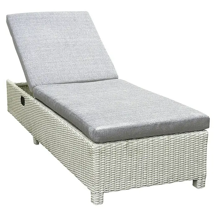 Sunfun Paula Gartenliege - B x T: 71 x 194 cm, Weiß/Grau, Metall, Rückenlehne verstellbar - Ein grauer Loungesessel aus Rattan mit weichen Polstern lädt zum Entspannen im Freien ein. Die Liege ist ideal für Garten oder Terrasse.