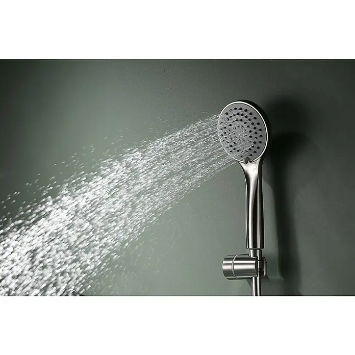 Imex Ural Grifo monomando de bañera - Níquel - Elegante ducha de mano cromada con agua corriendo. La ducha moderna, con su diseño elegante, ofrece una experiencia relajante.