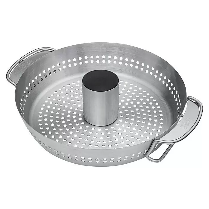 Weber Crafted Cesta para barbacoa - L x An x Al: 41 x 43 x 5 cm, Acero inoxidable - Cesta para parrilla Weber plateada perforada con poste central para asar aves.