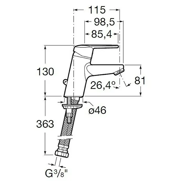 Roca Mitos Grifo de lavabo - Cromo, Brillante - Diagrama técnico de un grifo con dimensiones de altura, alcance y diámetro, útil para la planificación del baño.