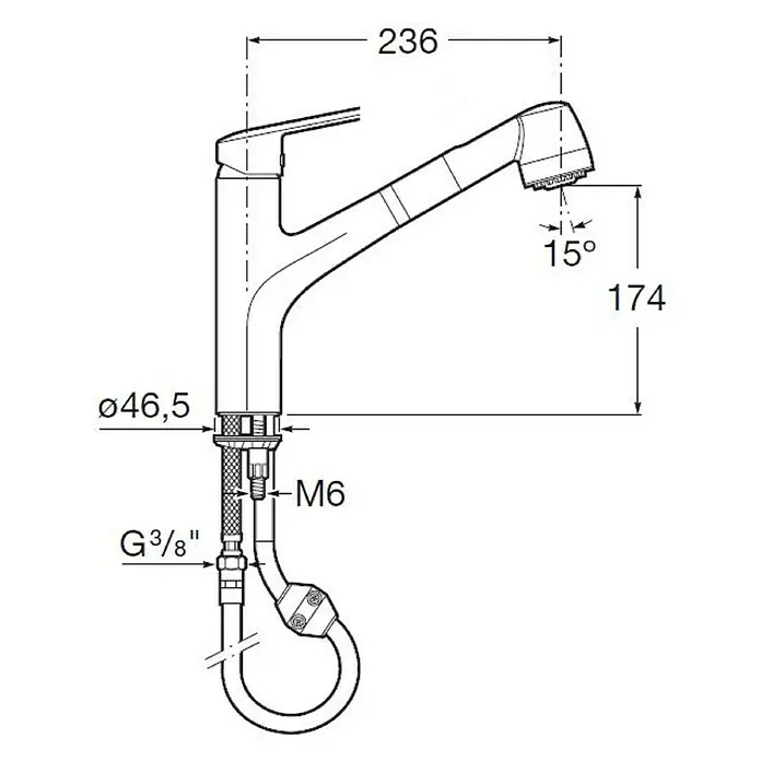 Roca Mitos Grifo de cocina - Extensible, Cromo, Brillante - Dibujo técnico de un grifo de cocina con rociador extraíble y especificaciones de dimensiones.