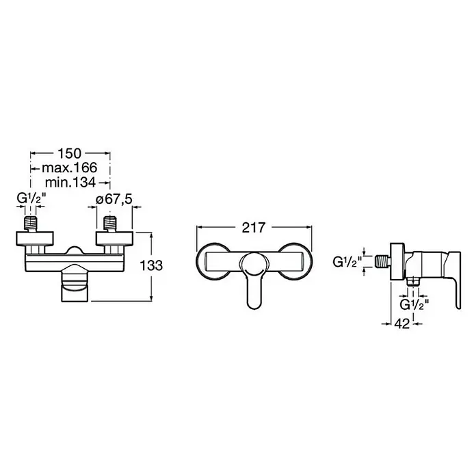Roca Atis Grifo monomando de ducha - Cromo, Resplandeciente - Dibujo técnico de un mezclador de ducha con dimensiones para instalación. Información detallada sobre conexiones y distancias.