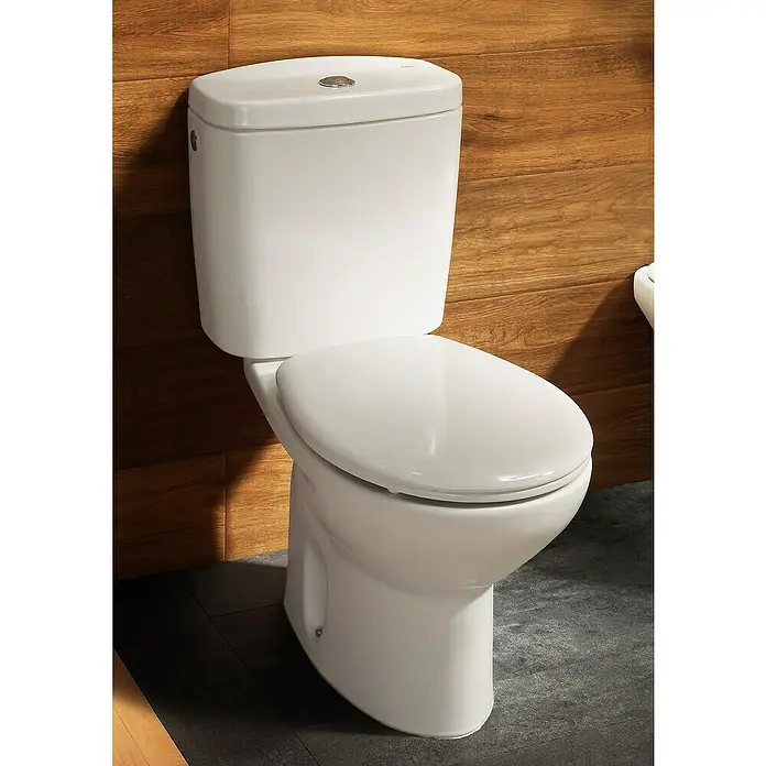 Roca Mitos Pack de WC - Con borde de descarga, Salida WC: Horizontal, Blanco, No adosado a pared - Primer plano de un inodoro blanco con tanque contra una pared con paneles de madera, mostrando los sanitarios y el diseño moderno.