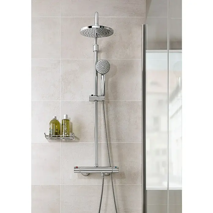 Roca Mitos Sistema de ducha - Con grifo termostático, Distancia entre orificios: 80,5 cm, Número de tipos de chorro: 1 ud., Cromo - Columna de ducha con cabezal grande y teleducha. Diseño moderno para una experiencia relajante.
