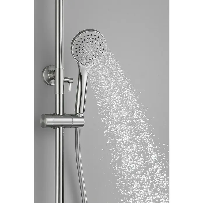 Imex Ural Sistema de ducha - Con grifo monomando, Niquel - Brillante ducha de mano cromada con agua fluyendo. Su moderno diseño mejora la experiencia de la ducha.