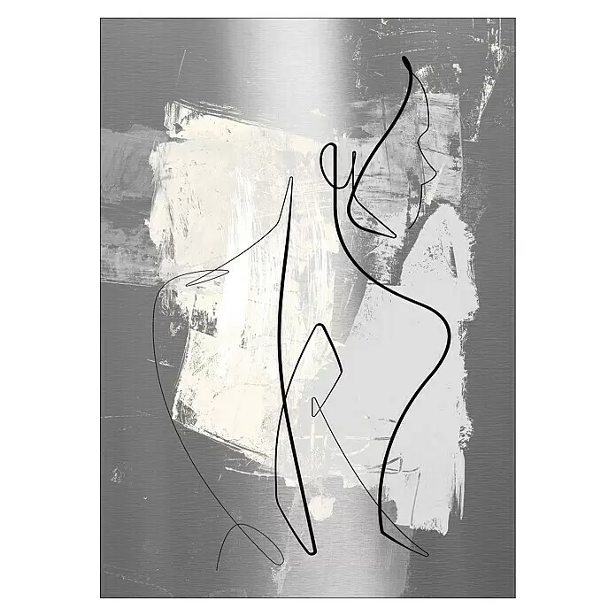 ProArt Bild Alu-Art - Figure Lines II, B x H: 70 x 100 cm - Abstrakte Kunst mit schwarzen Linienfiguren auf strukturiertem Grau-Weiß-Hintergrund.