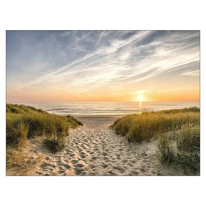 ProArt Type Hype Holzbild - Weg zum Strand, B x H: 80 x 60 cm - Sandweg zum Strand bei Sonnenuntergang. Das goldene Licht taucht die Dünen und den Himmel in warme Farben.