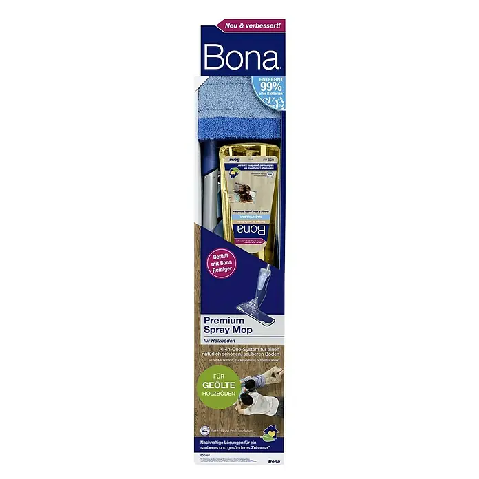 Bona Spray Mop Premium für geölte Holzfußböden - 1 x Spray Mop, 1 x nachfüllbare Kartusche mit 850 ml Reinigungsmittel, 1 x Microfaser-Reinigungspad - Bona Premium Spray Mop für geölte Holzböden, mit Reiniger befüllt, entfernt 99% der Bakterien für ein sauberes Zuhause.