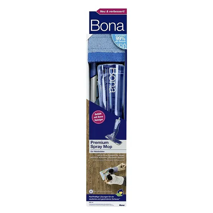 Bona Spray Mop Premium für Holzfußböden - Mikrofaser, 1 x Bona Spray Mop, 1 x Bona Spray Mop Refiller (Kartusche), 1 x Bona Mikrofaser-Reinigungspad - Abbildung des Bona Premium Spray Mops für Holzböden, ein All-in-One-System für eine natürliche und saubere Reinigung.