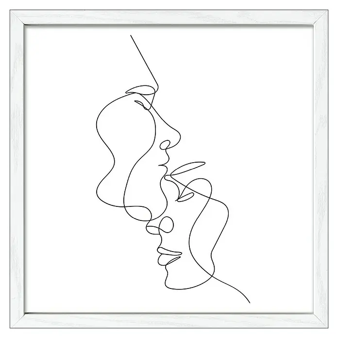 ProArt Bild Slim Scandic - Line Art Face IV, B x H: 33 x 33 cm - Schwarz-Weiß-Linienkunst mit zwei sich zugewandten Gesichtern, gerahmt in einem schlichten weißen Rahmen. Minimalistische Dekoration für moderne Räume.