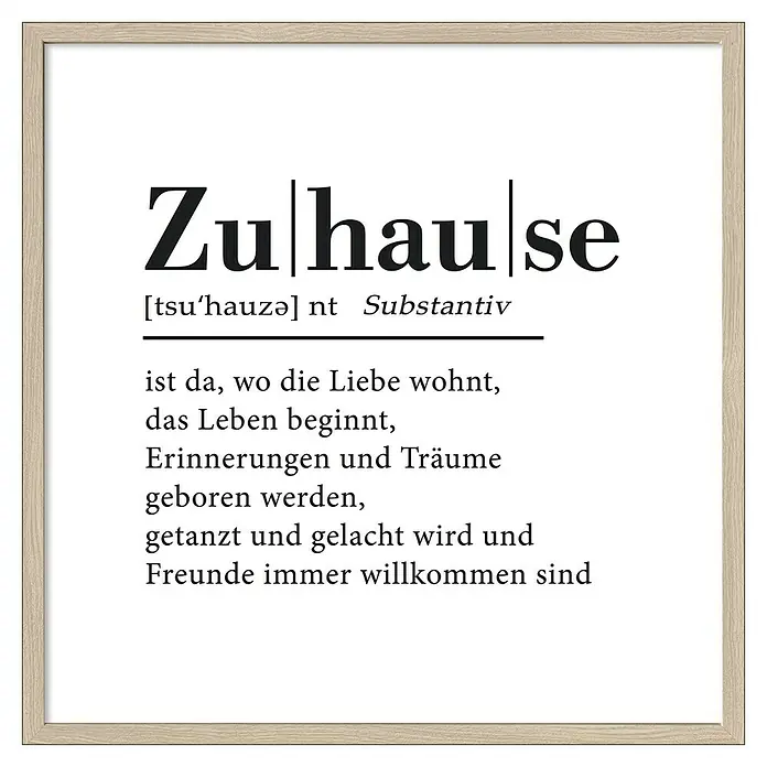 ProArt Bild Slim Scandic - Zuhause, B x H: 53 x 53 cm - Gerahmtes Poster mit der Definition von "Zuhause" in Deutsch, inklusive Lautschrift und poetischer Beschreibung.