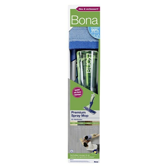 Bona Spray Mop Premium für Fliesen- und LaminatbödenMikrofaser, 1 x Bona Spray Mop, 1 x Bona Spray Mop Refiller (Kartusche), 1 x Bona Mikrofaser-Reinigungspad Front View