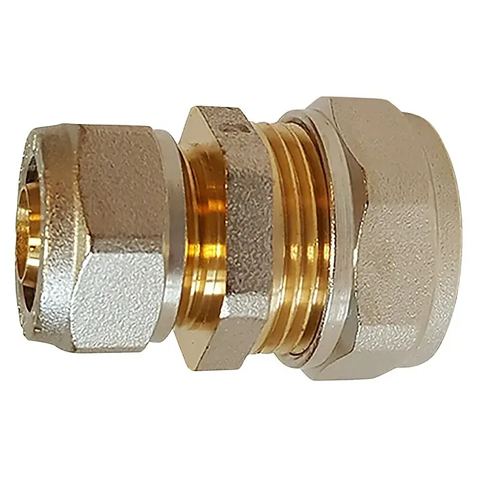 Schraubkupplung - Vernickelt, 20 x 16 mm - Nahaufnahme eines Messing-Klemmringfittings, das für Sanitär- und Heizungsanwendungen geeignet ist. Das glänzende Metall ist korrosionsbeständig.