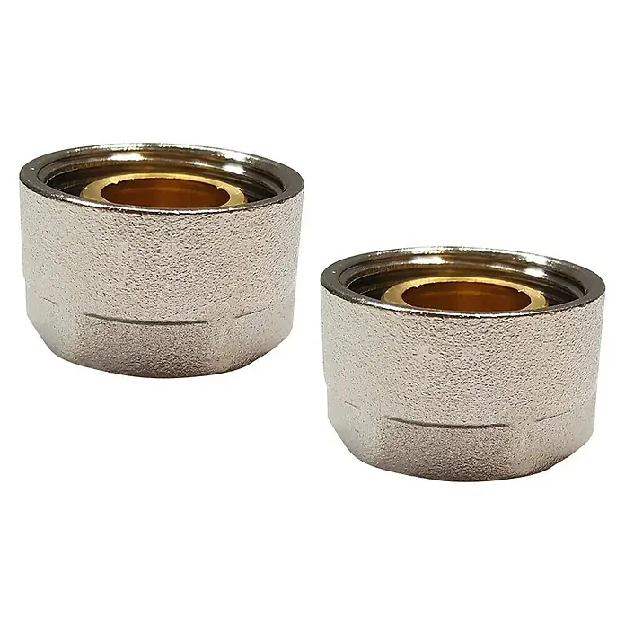 Klemmverschraubung Saco - Durchmesser: 18 mm, Metall - Zwei Heizkörperrosetten aus Metall mit goldfarbenem Innenring auf schwarzem Hintergrund.
