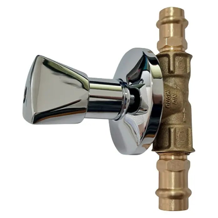 Unterputzventil - Durchmesser: 22 mm, Messing - Nahaufnahme eines Eckventils mit verchromtem Griff und Messinganschlüssen, ideal für Sanitärinstallationen.