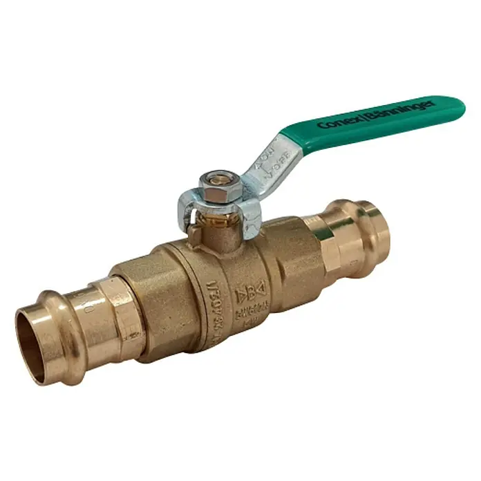 Press-Kugelhahn - Durchmesser: 15 mm, Presskontur: V - Ein Messing-Kugelhahn mit grünen Griff, der die Flüssigkeitszufuhr präzise steuert. Ideal für Sanitär- und Heizungsanwendungen.