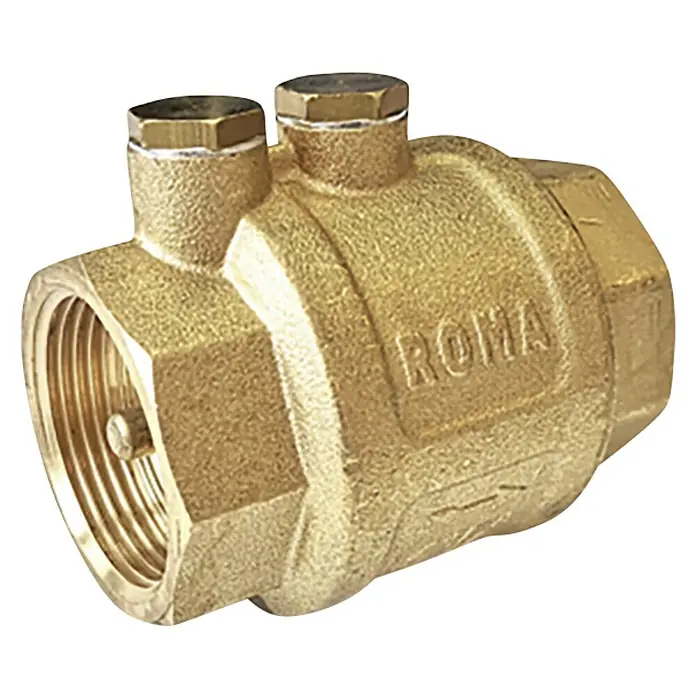 Rückschlagventil - 1 ½″, Messing - Nahaufnahme eines goldenen Roma-Messingkugelhahns mit Gewindeanschluss. Ideal für zuverlässige Durchflusskontrolle.