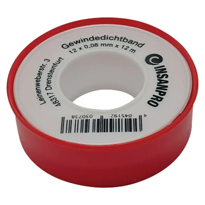 Gewindedichtband - 12 m x 12 mm x 0,08 mm - Gewindedichtband von INSANPRO, 12 x 0,08 mm x 12 m, rote Spule. Ideal für dichte Verbindungen.