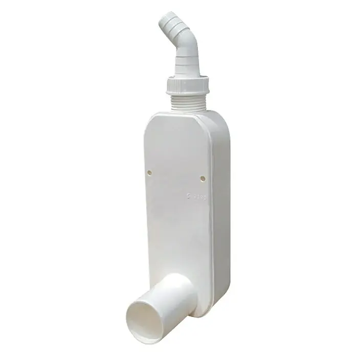 Siphon Kasten - Geeignet für: Wasch- & Geschirrspülmaschinen - Dieses Bild zeigt einen weißen PVC-Rohrverbinder mit abgewinkeltem Anschluss, der für Sanitäranwendungen verwendet wird.