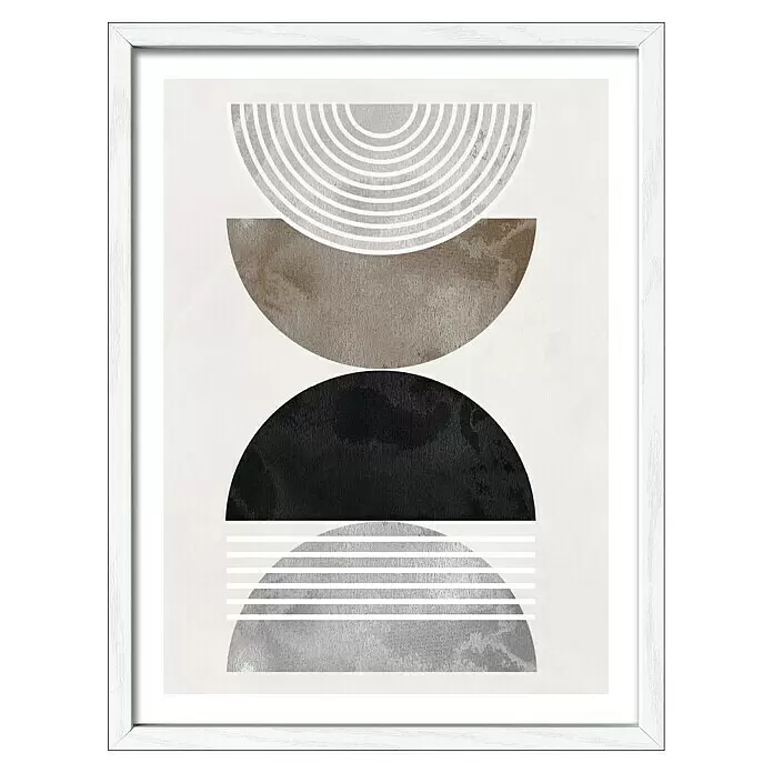 ProArt Bild Slim Scandic - Lines and Shapes III, B x H: 33 x 43 cm - Gerahmtes abstraktes Bild mit Halbkreisen in Schwarz, Braun und Grau, mit weißen Bögen und Linien.