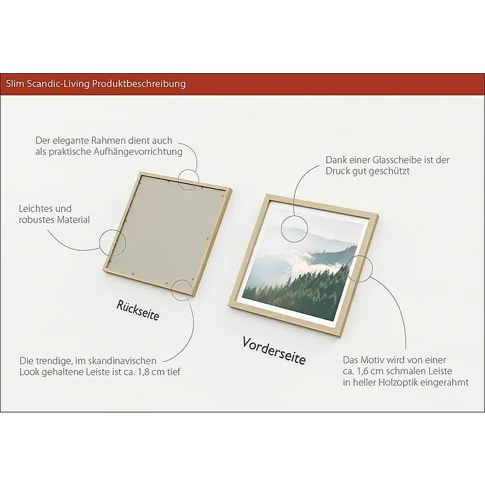ProArt Bild Slim Scandic - Gloomy Landscape II, B x H: 33 x 33 cm - Produktbeschreibung eines Slim Scandic-Living Bilderrahmens mit Rück- und Vorderseite.