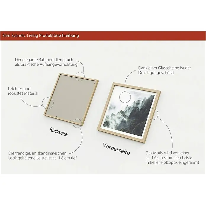 ProArt Bild Slim Scandic - Foggy Trees, B x H: 33 x 33 cm - Produktbeschreibung eines Slim Scandic-Living Bilderrahmens mit Rück- und Vorderseite, der Druck ist durch eine Glasscheibe geschützt.