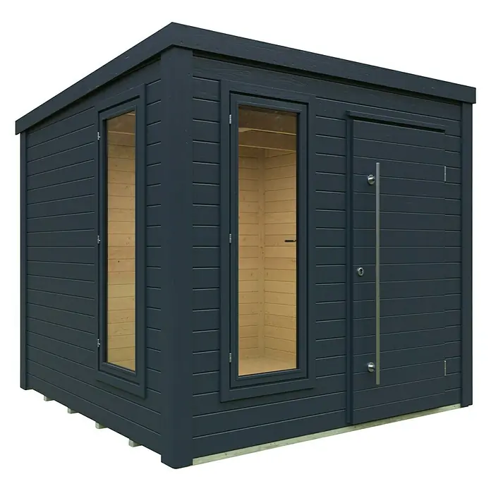 Kiehnholz Gartenhaus Cube 3.0 - Außenmaß inkl. Dachüberstand (B x T): 253 x 263 cm, Holz, Anthrazit, Ohne EPDM Dachsystem - Ein modernes Gartenhaus in dunklem Holz mit Fenstern und einer Tür mit langem Griff. Bietet zusätzlichen Raum im Freien mit stilvollem Design.